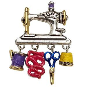 Best Sewing Machine Brooch Pendant, Needle Scissors Thread Charm Pin, Signed